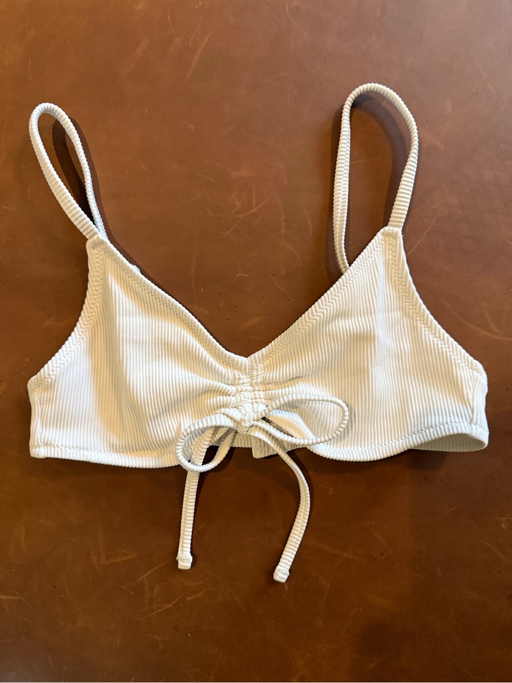 Aerie V Scoop White Ruched Ribbed Bikini Top, size xs